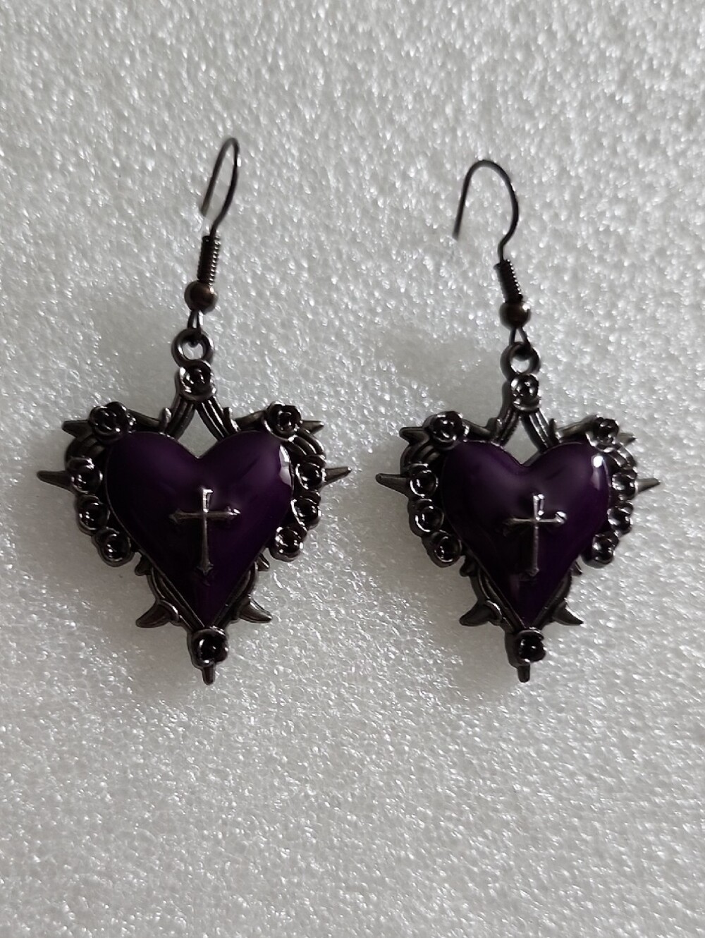 Hand Crafted Dark Purple Heart Cross Dangle Earrings